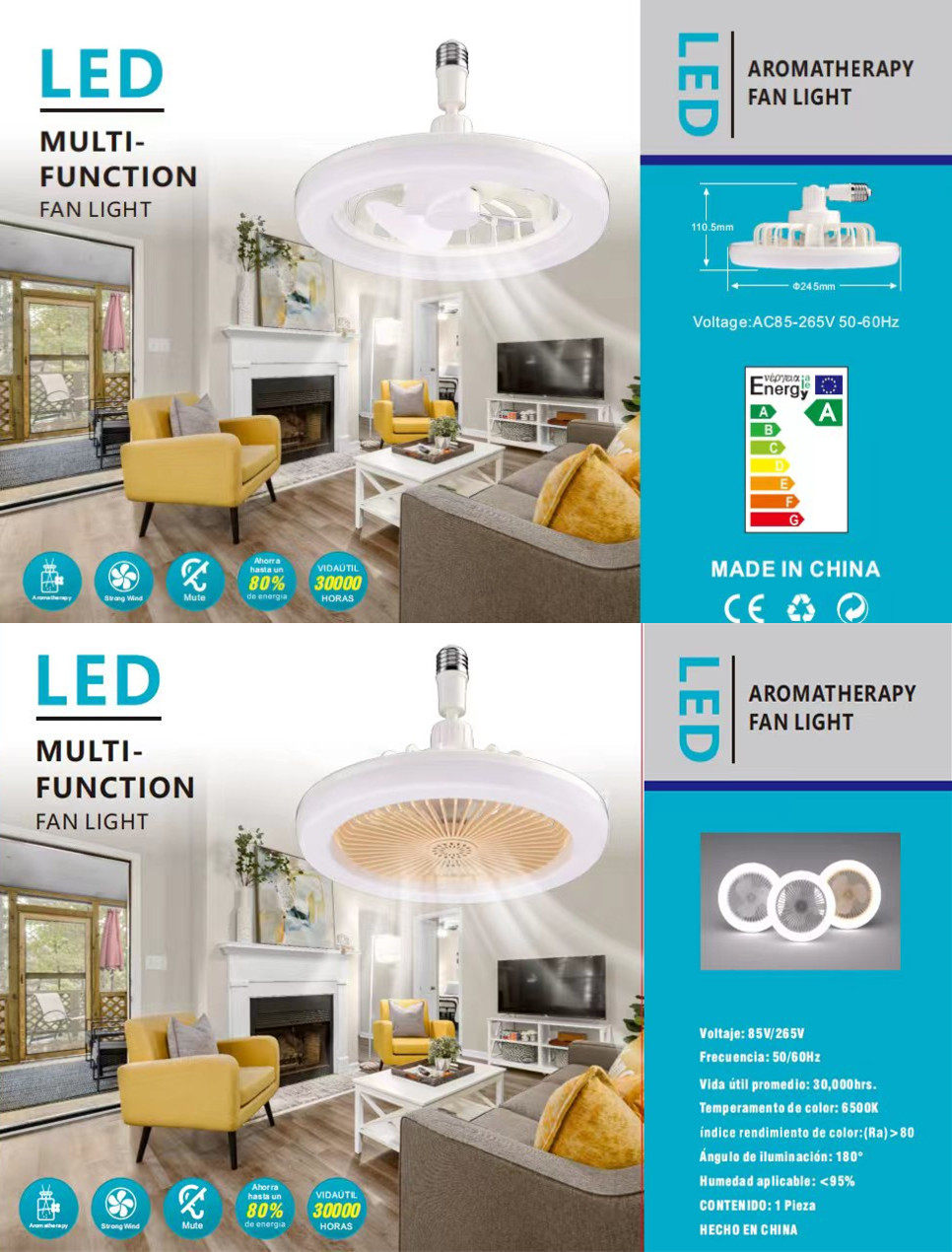 Angelila Multifunctional scented Ceiling fan with light 30W Directional Adjustable E27 Fans LED Bulb